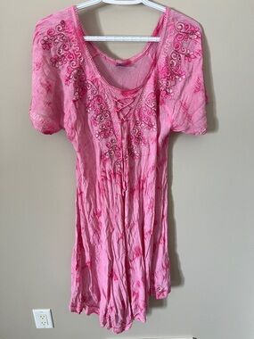 Boho Lace-Up V Neck Embroidered Pink Shift Dress Floral Embroidery Pink Tie-Dye